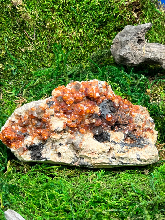 Spessartine Garnets w/ Smoky Quartz on Feldspar