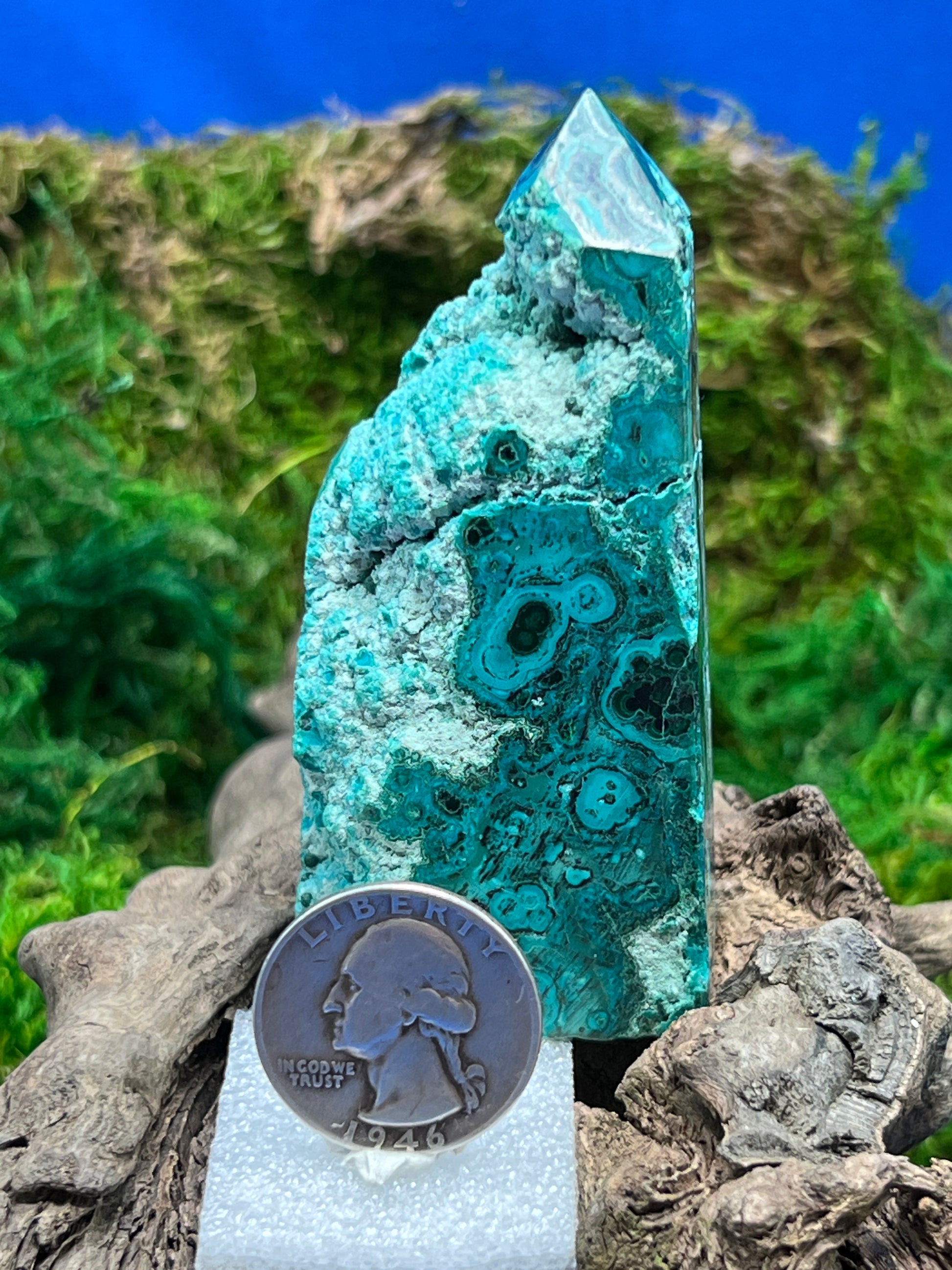 Malachite and Chrysocolla Natural Edge Tower