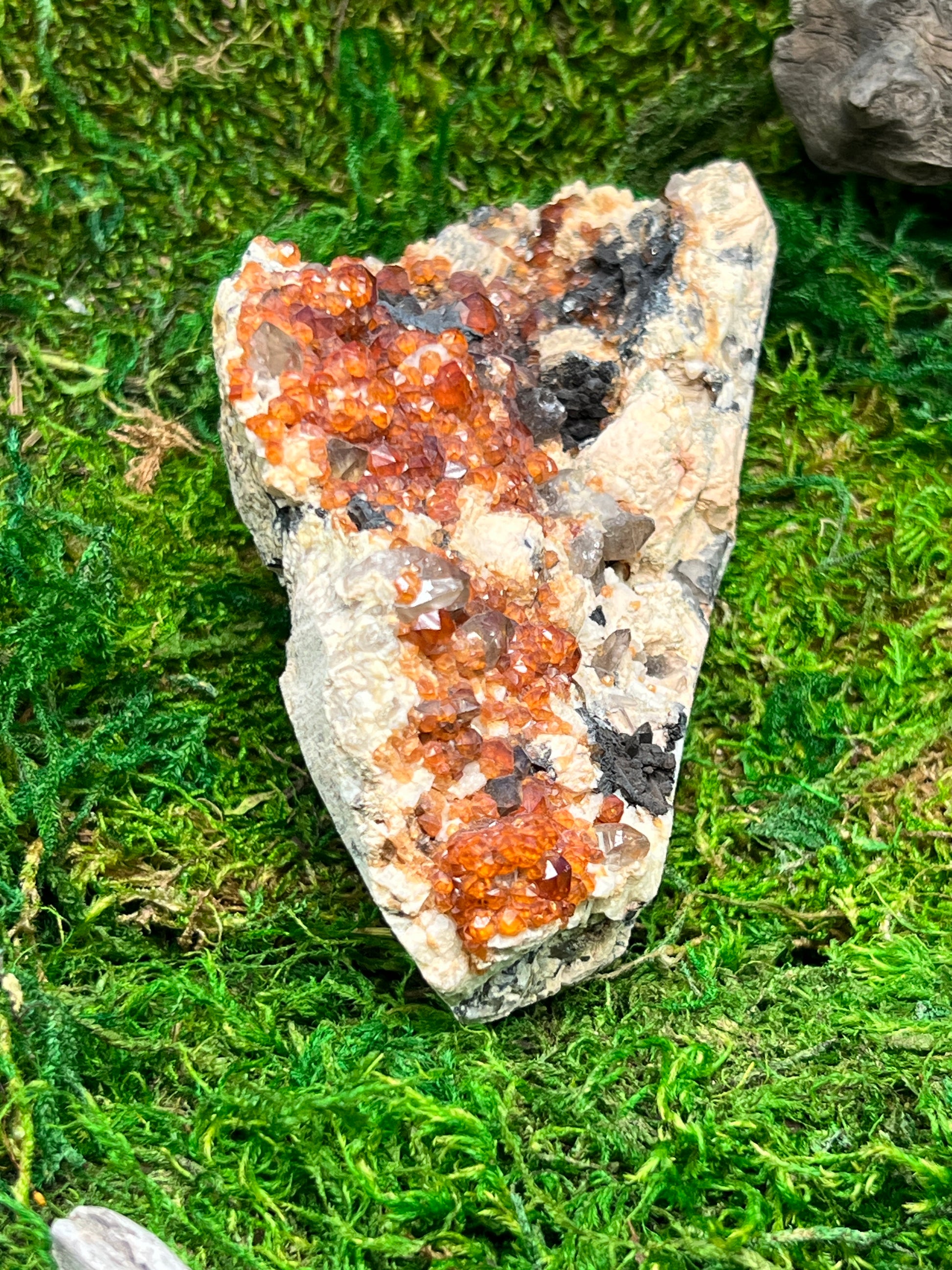 Spessartine Garnets w/ Smoky Quartz on Feldspar