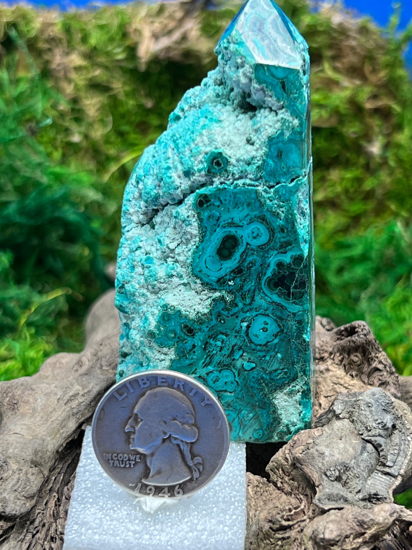 Malachite and Chrysocolla Natural Edge Tower